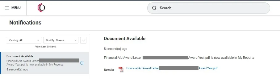 The Financial Aid Award Letter will be listed for you to view or download.