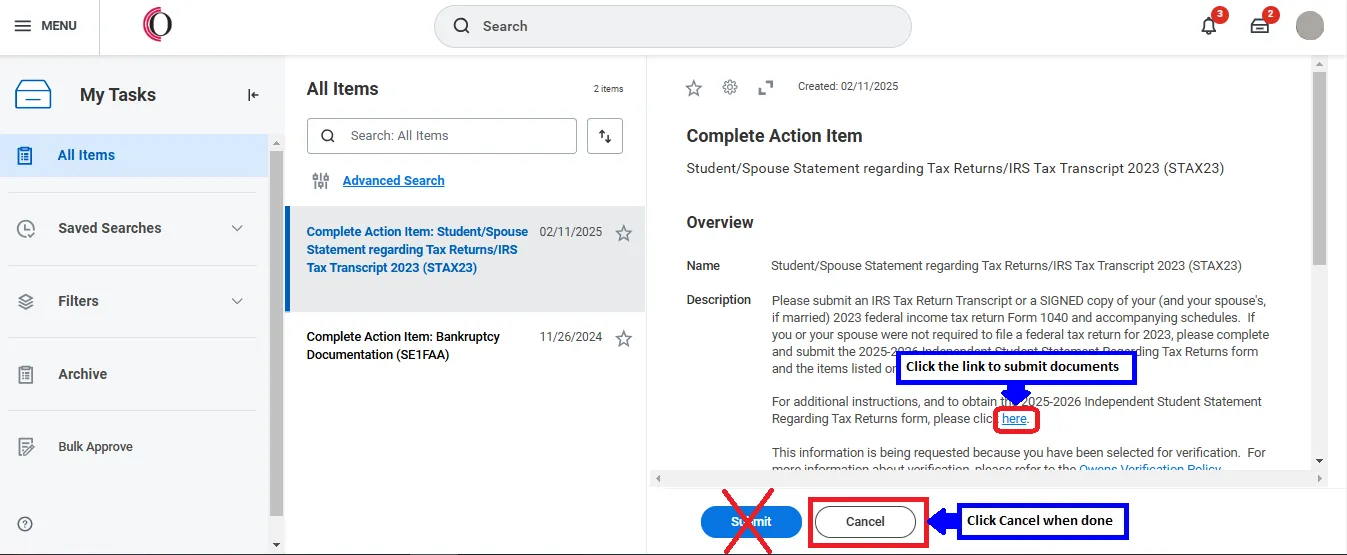 Once you have completed the instructions for the item and uploaded any required documents, click Cancel.