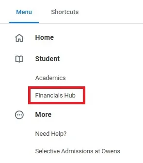 Select Financials Hub from the home page or choose Financials Hub from the MENU in the upper left corner.