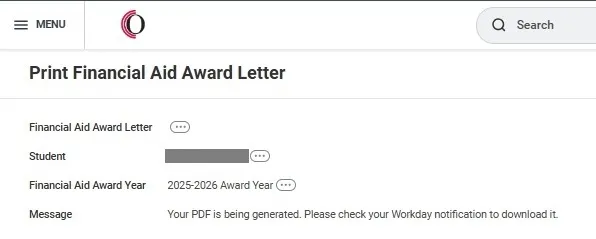 Print Award Letter screen