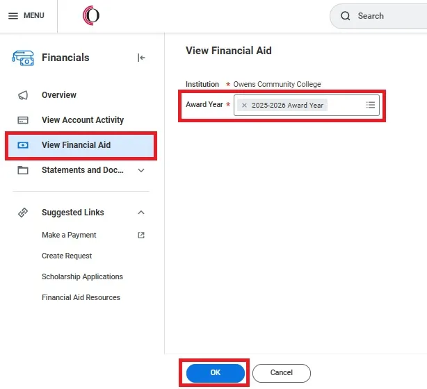 Click on View Financial Aid, Select the Award Year, click OK