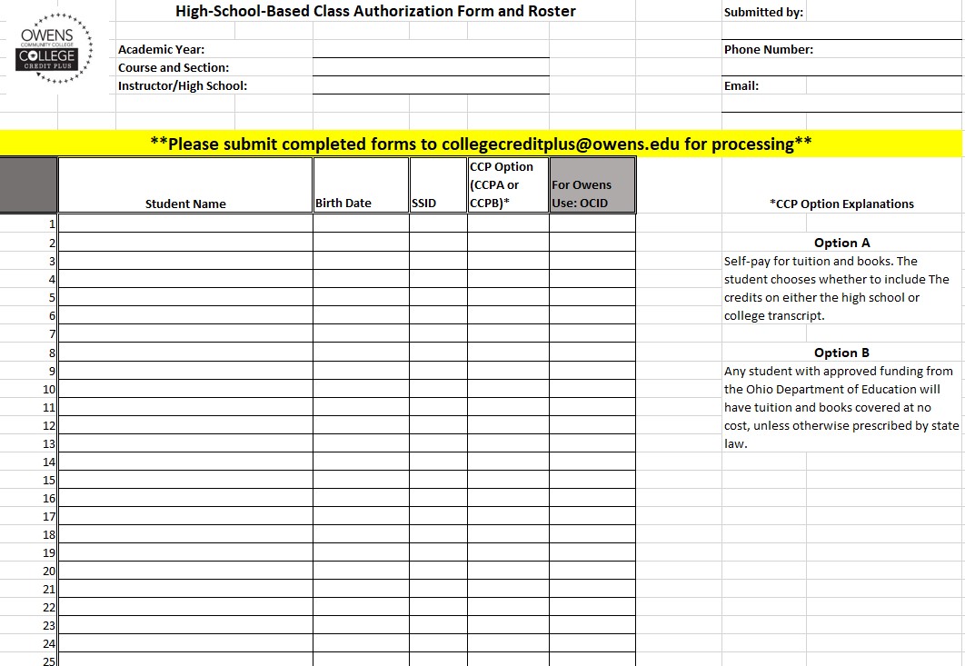 High-School Based Class Authorization Form