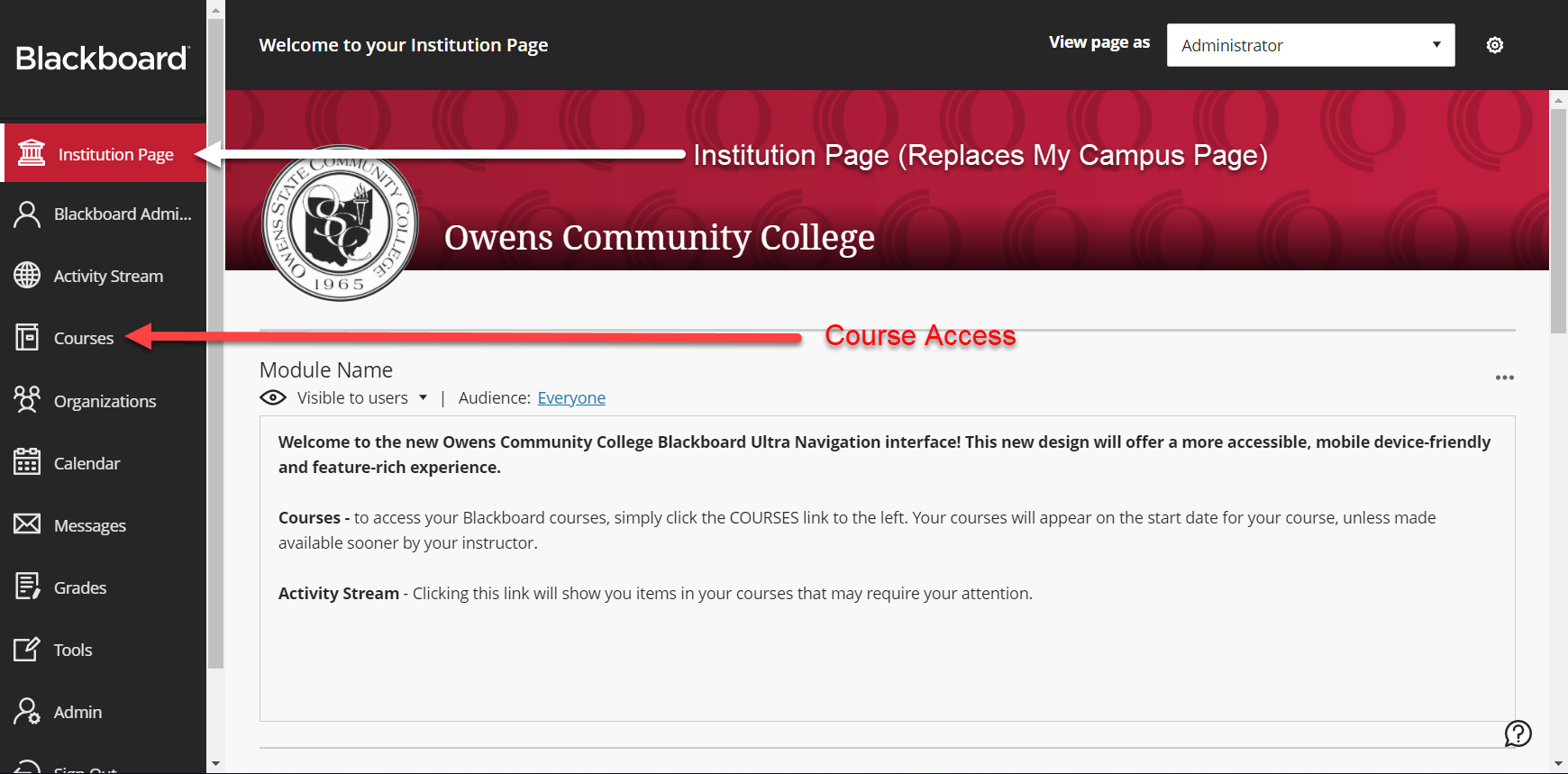 Screenshot of Blackboard Ultra Navigation Institution page with arrow showing location of the Courses link.