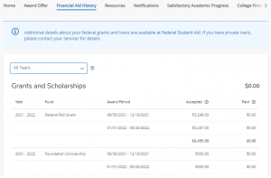 This image shows an example of the Financial Aid History.