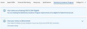 This image shows an example of the Satisfactory Academic Progress tab.