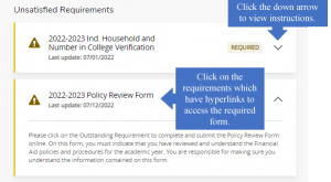 This image shows an example of the Unsatisfied Requirements. Click the down arrow to view instructions. Click on the requirements which have hyperlinks to access the required form.