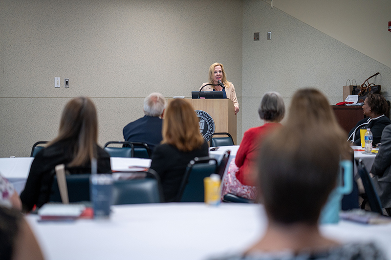 Dr. Jo Blodin, keynote speaker during the State of the College address, speaks during the event on the Findlay-area Campus.
