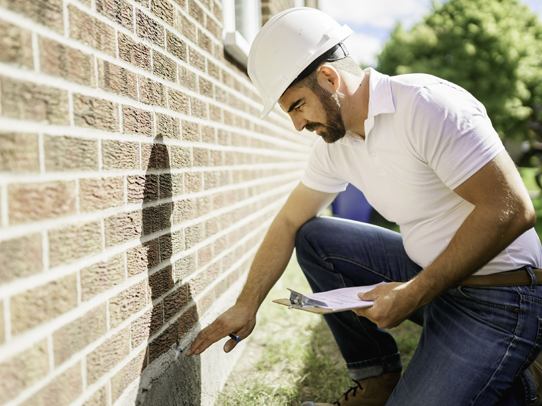 Male worker with a safety helmet working on a building