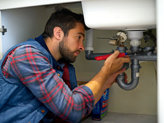 man under a sink fixing the plumbing